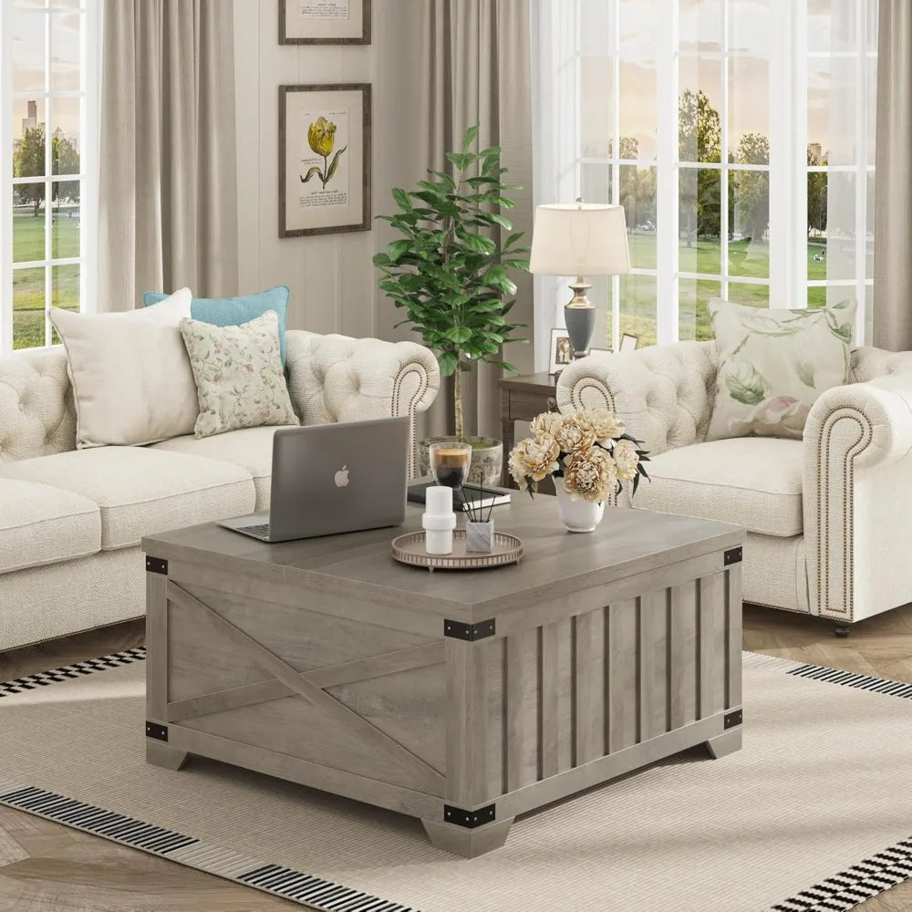 Farmhouse coffee table with storage 35.4’’ square center hinged lift top vintage wood cocktail thickened - ash gray