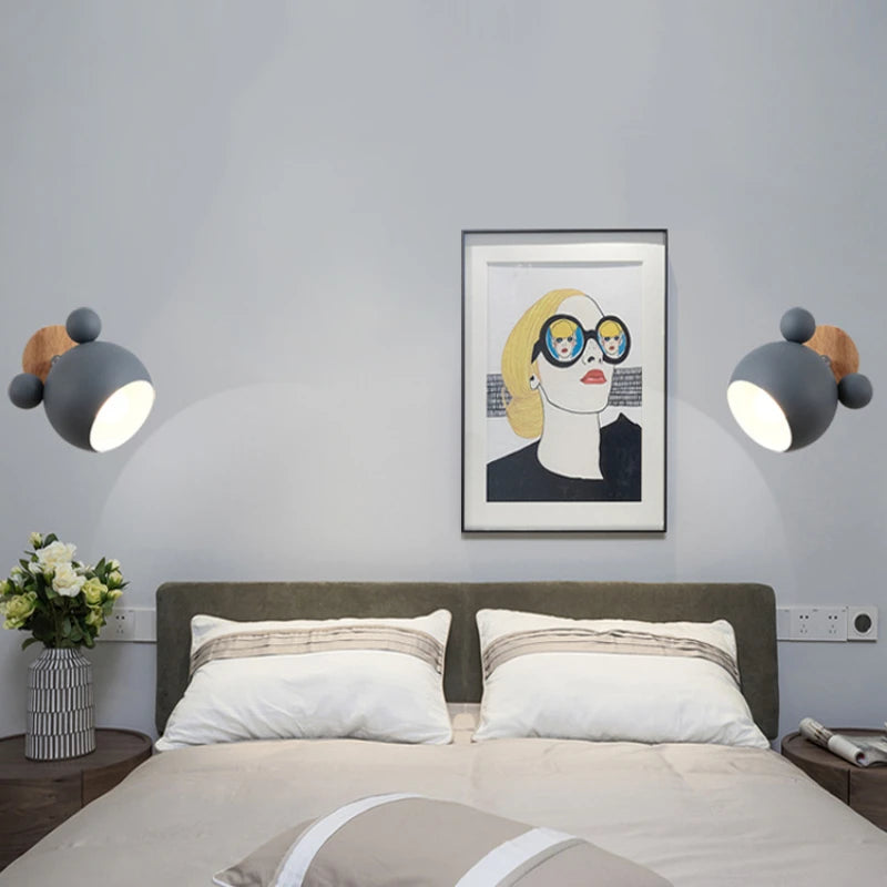 Nordic creative macaron simple personality bedroom mickey cartoon warm children’s room bedside lamp wooden wall