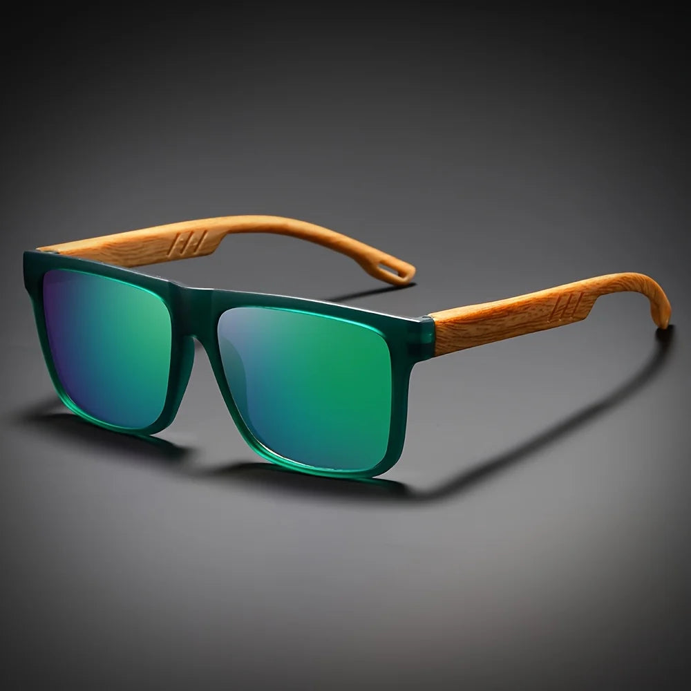 Retro square sunglasses wood-grain temple lightweight spring hinges uv400 daily casual unisex vintage eyewear - united