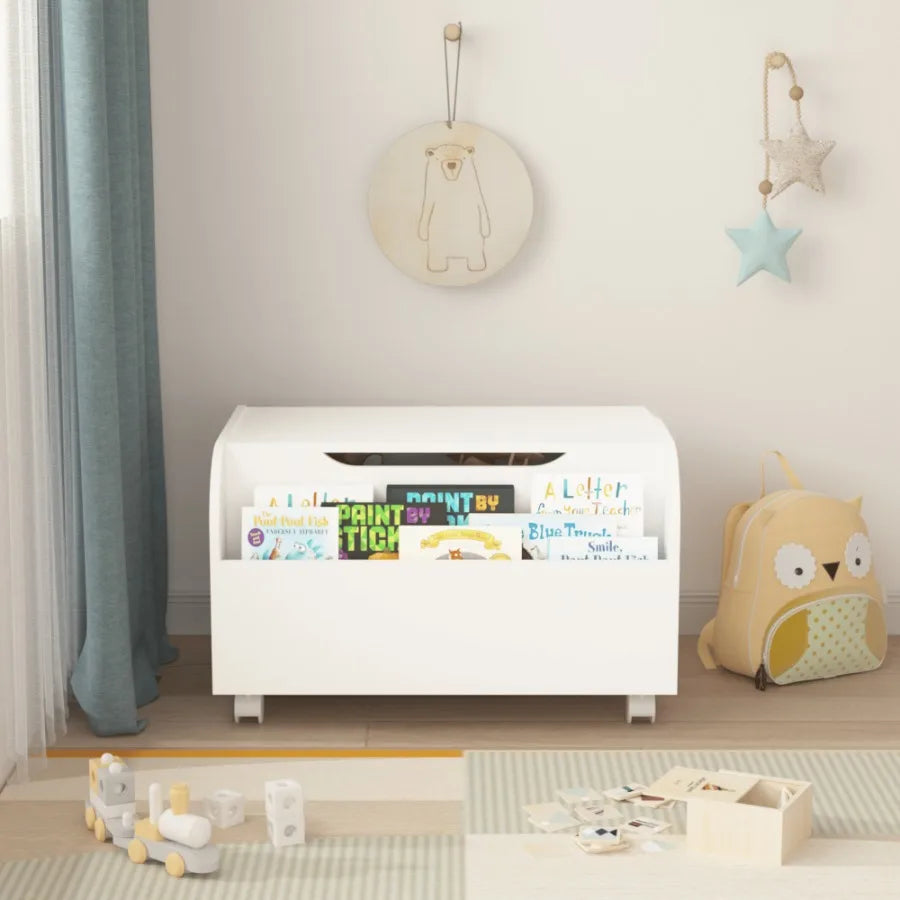 Wooden toy box with 4 universal wheels storage organizer front bookshelf fliptop lid safety hinge boys girls chest