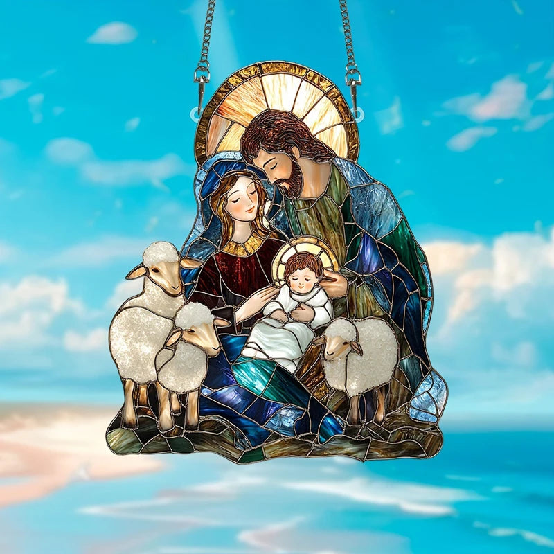 Handcrafted wooden nativity scene ornament set with baby jesus and holy family figures - christmas holiday hanging