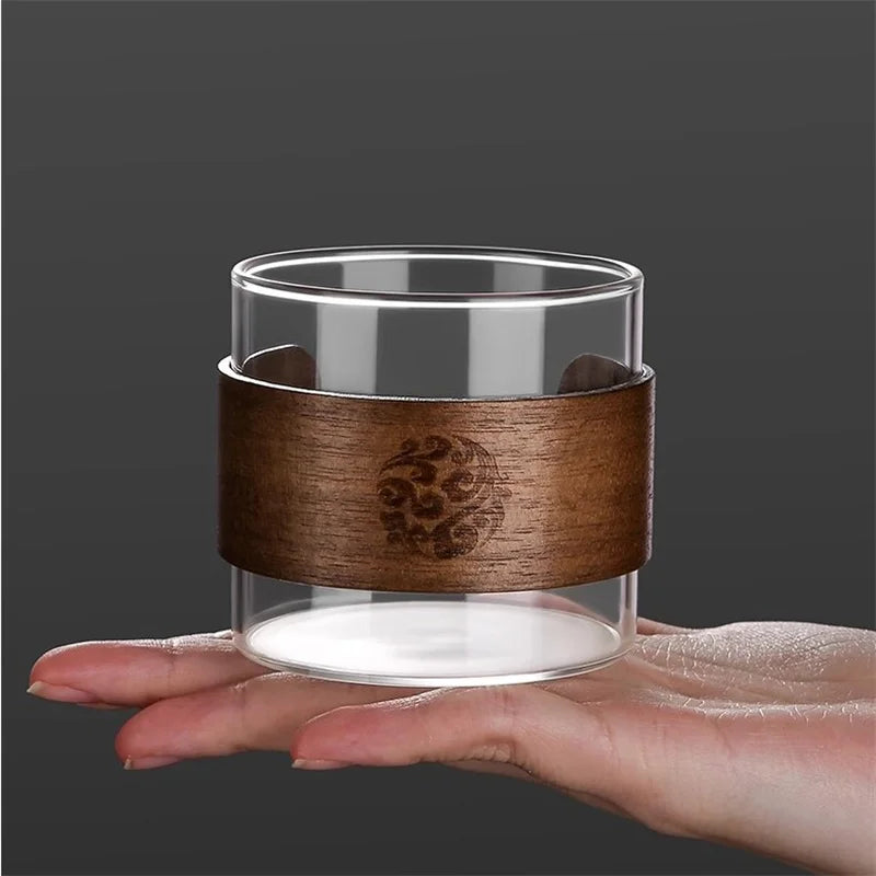 Japanese style 150ml heat-resistant glass tea cup with scald proof wooden holder kungfu set master household coffee mug
