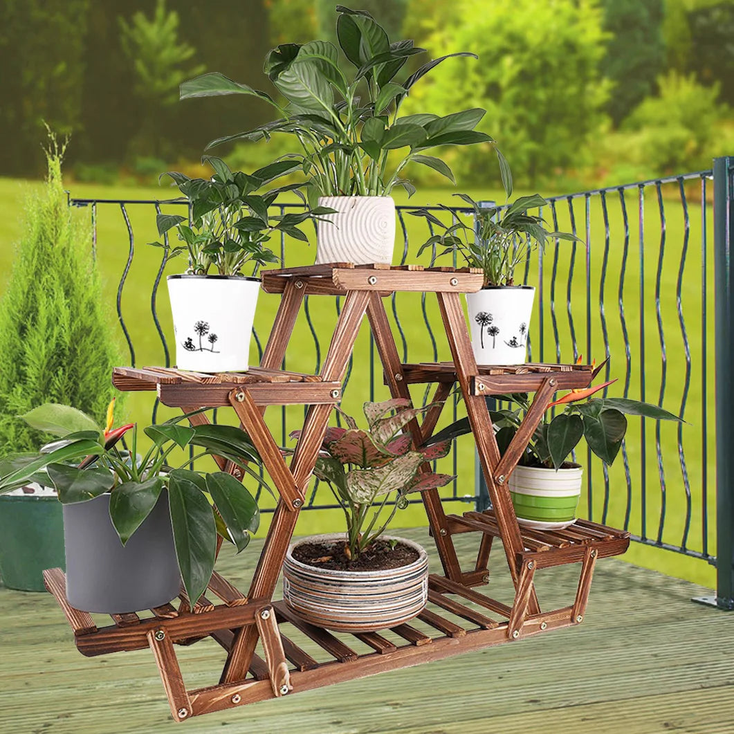 6 tiered wood plant stand indoor outdoor carbonized triangle corner rack