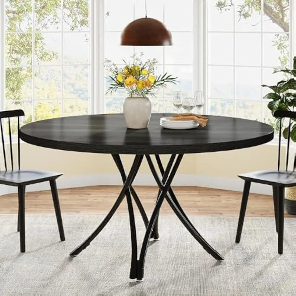 Modern wooden 47’’ round dining table for 4-6 people with sturdy metal cross base - united states / black