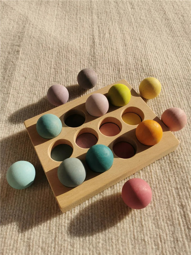 High quality wooden toys pastel basswood rainbow stacking blocks pine building semi sorting peg dolls balls for kids
