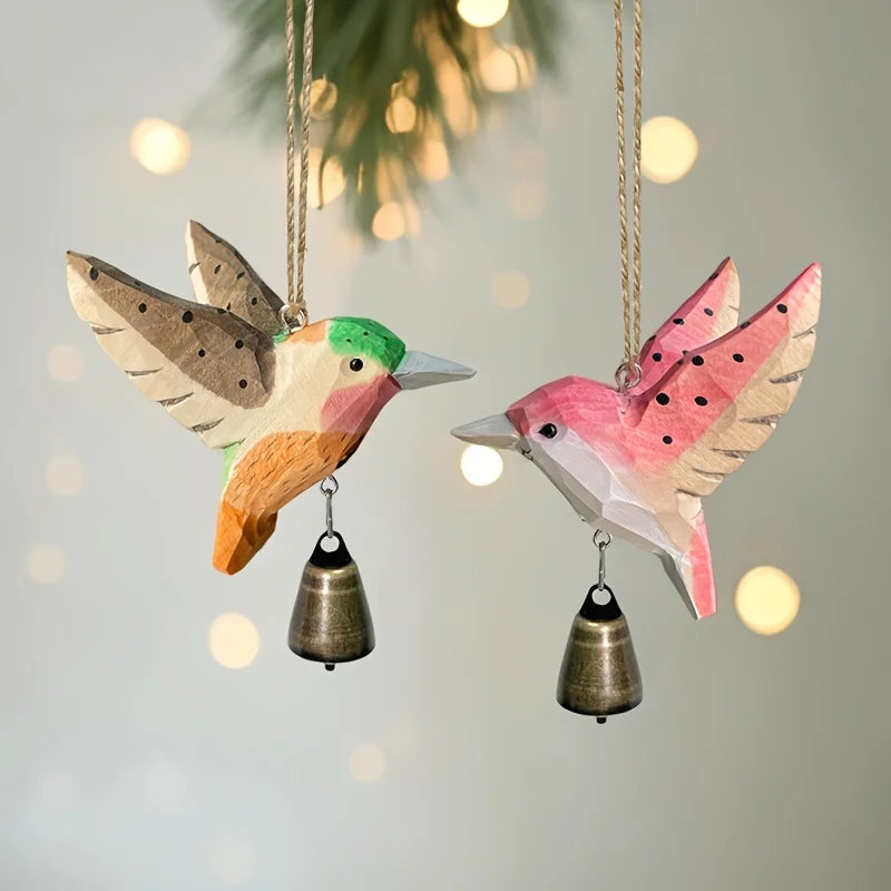 Hand-carved wooden hummingbird figurine with bell handmade bird art carved small animal garden statue mini wildlife
