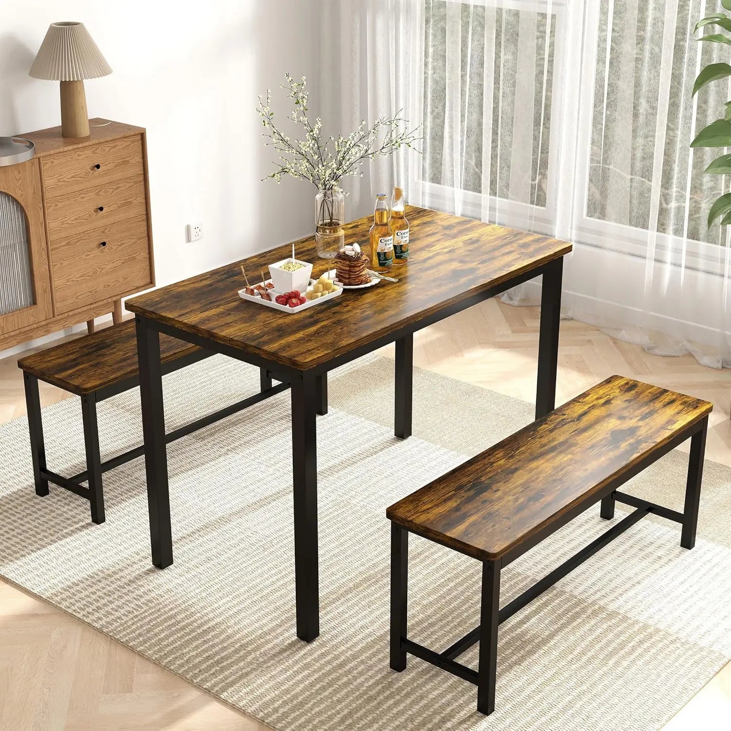 Dining table set for 4 kitchen room with 2 benches 3-piece chairs breakfast nook, - brown / united states