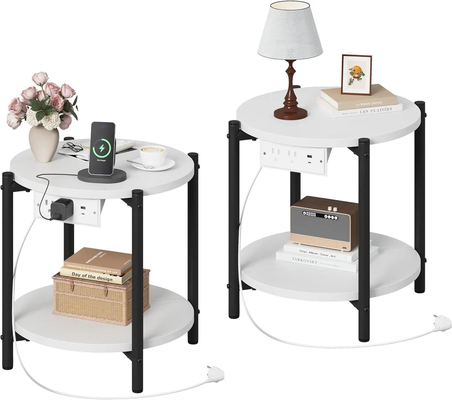 Likimio side table set of 2,15.8’’ w modern wooden nightstand for small spaces round & with charging station,bedroom