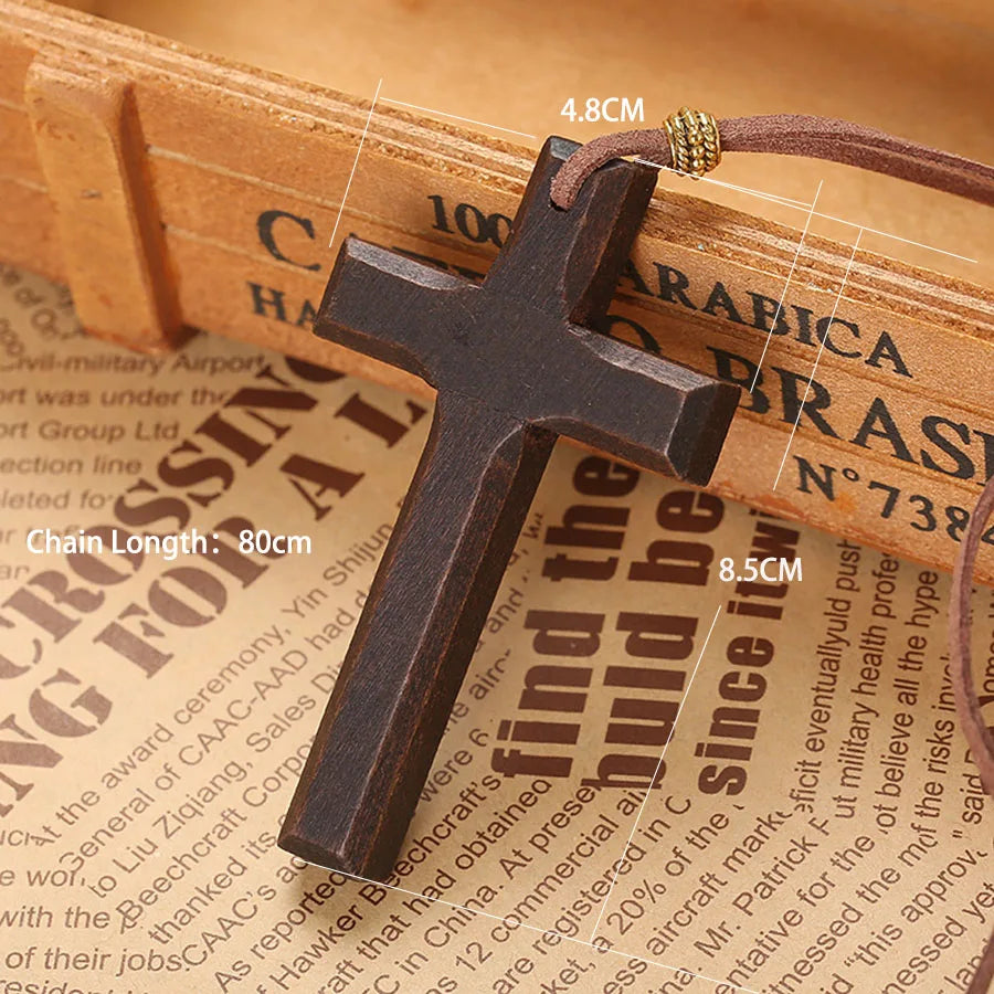 Unique wooden cross pendant necklace men black brown 80cm long collar adjustable prayer amulet jewelry homme daily neck