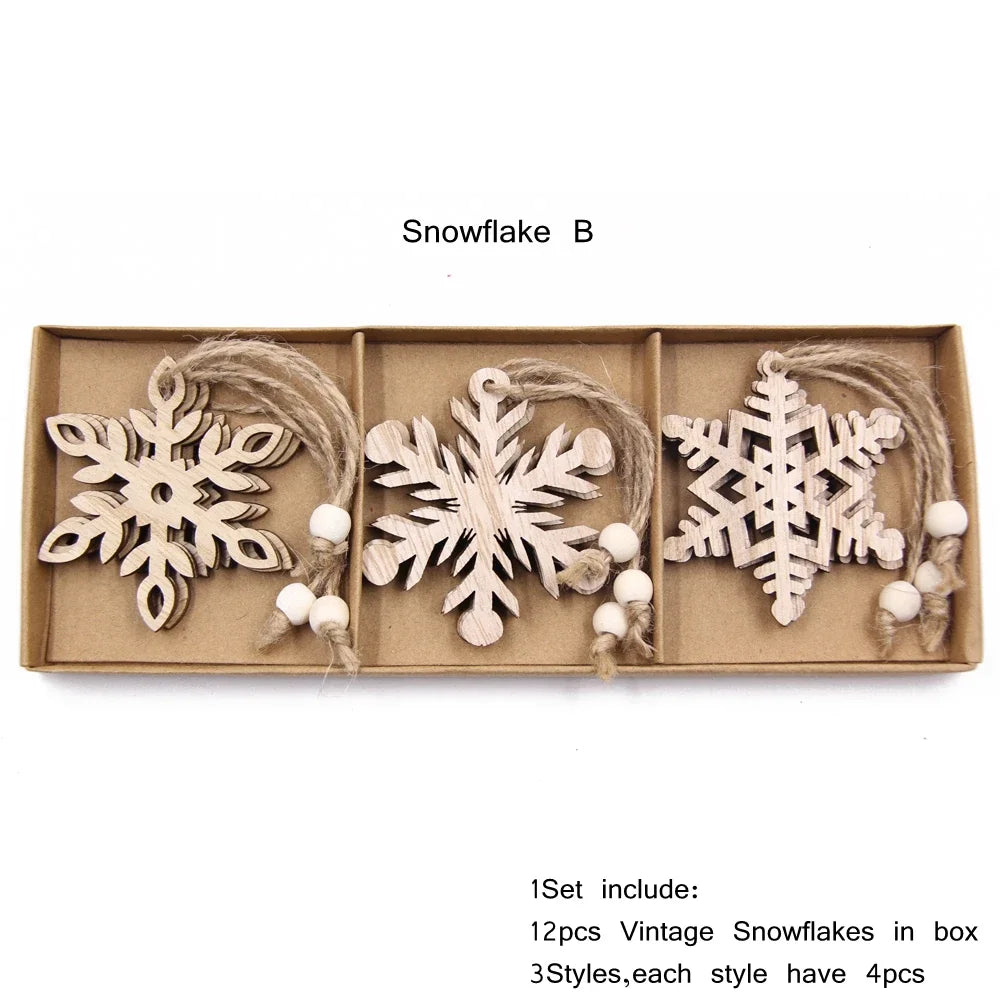 12pcs/box wooden hollow snowflake christmas vintage pendants xmas hanging ornaments for noel tree decorations diy