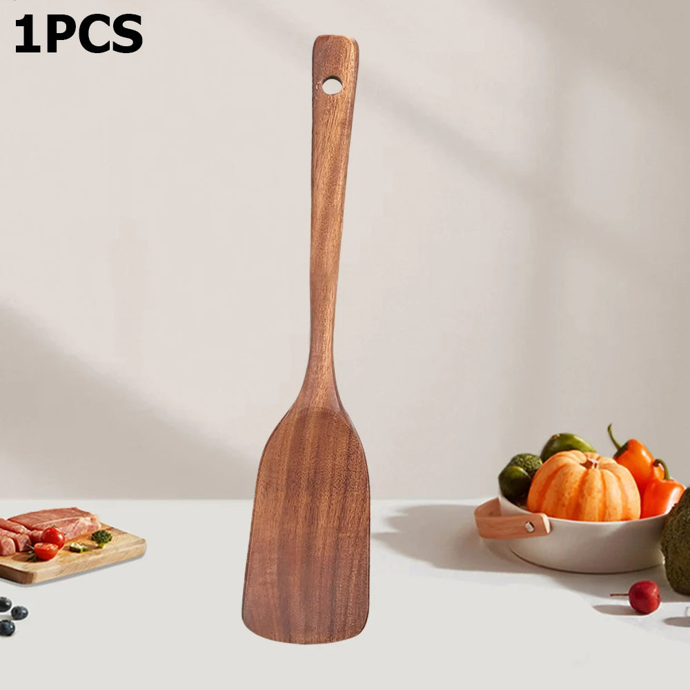 2pcs natural teak wood spatulas cooking utensils turner non-stick durable heat resistant - spatula 1pcs