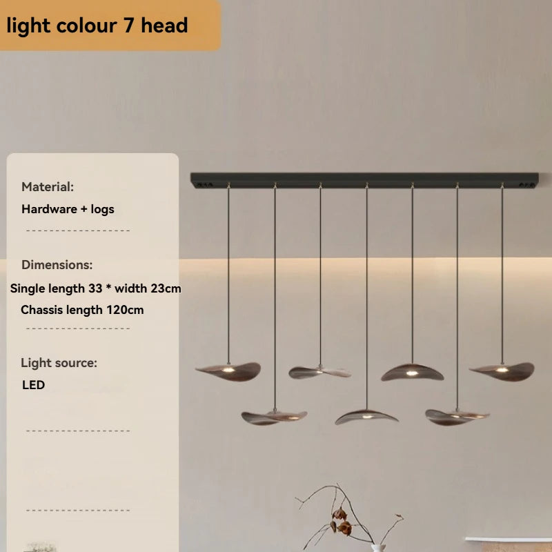 Solid wood walnut color leaf multi-head combination chandelier living room main lamp restaurant wabi-sabi retro style