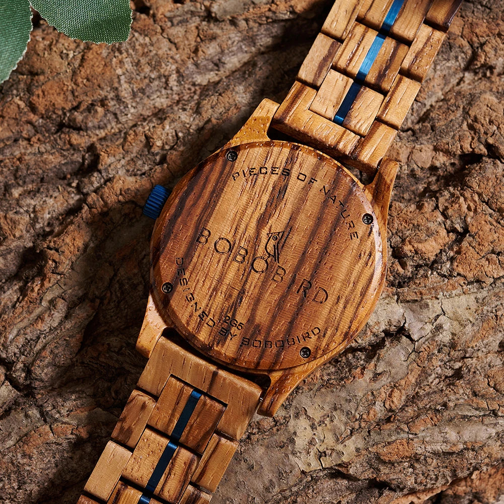Bobo bird men’s wooden watch with blue dial – natural handmade wood wristwatch date display anniversary gift in box
