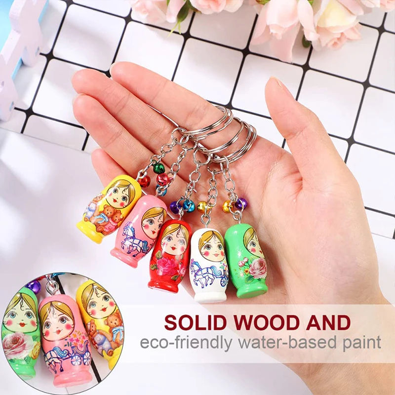 48pcs wood nesting doll keychain pendant ornament matryoshka russian stacking ornaments keyring for handbag purse - mix