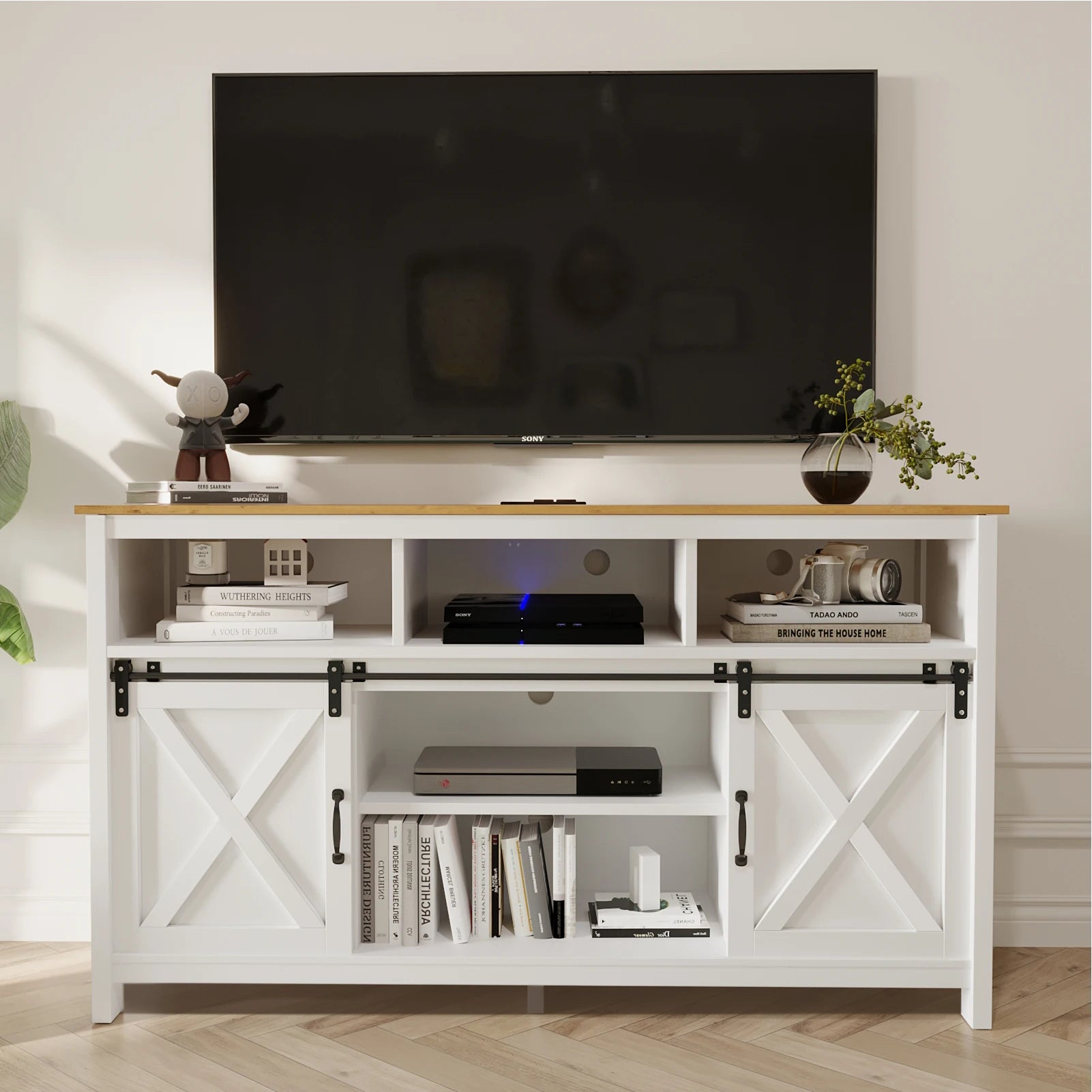 Tv stand farmhouse coffee bar cabinet rustic sliding barn door storage with power outlet & led light 57’’ wooden cabi