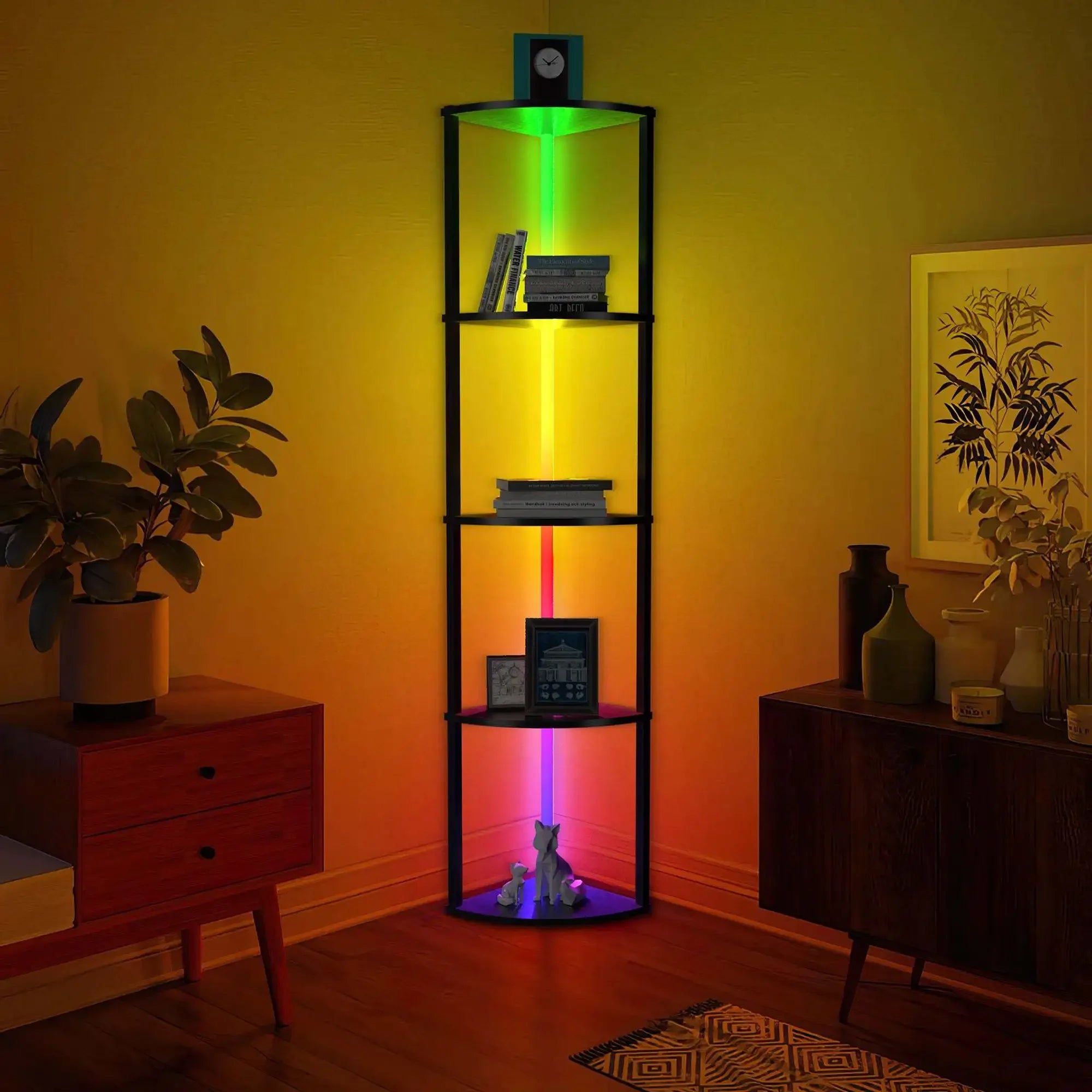 Corner shelf bookshelf with rgb led lights 5-tier organizer 64’’ cabinet wood display - black / united states