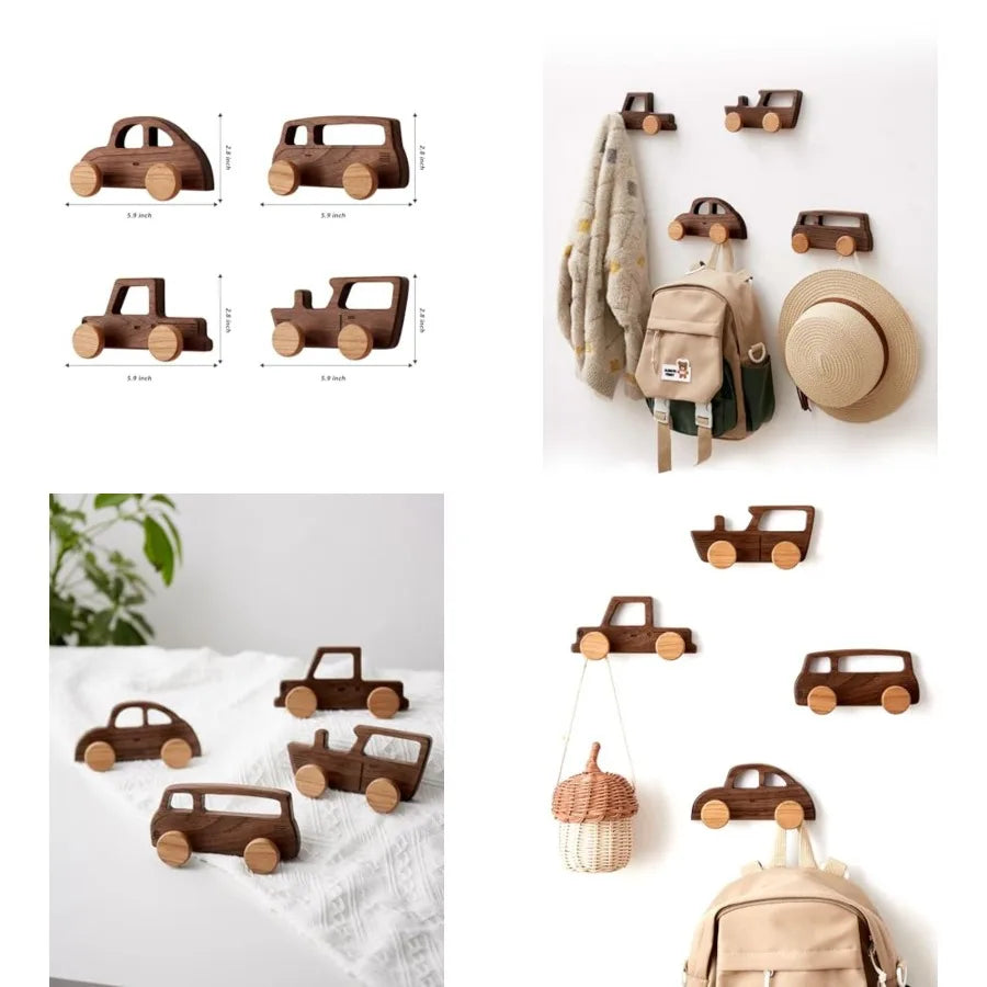 Heavy duty walnut carshaped wall mount coat hooks for room bathroom nursery entryway door 4 pack wooden ideal hanging