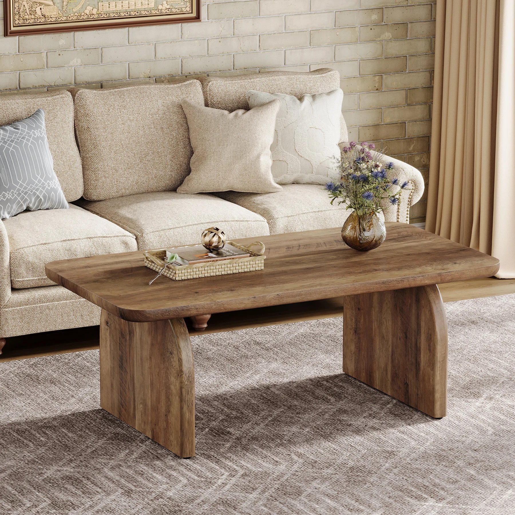 Tribesigns farmhouse rectangular coffee table 47.24-inch engineered wood center cocktail tea with sturdy base - rustic
