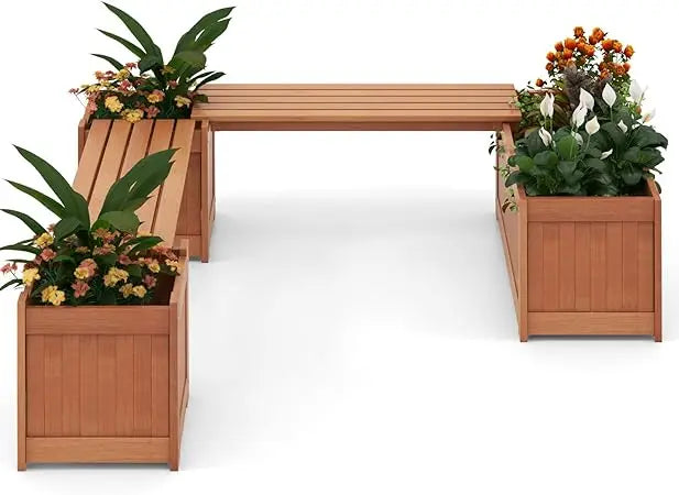 3-in-1 outdoor bench with large raised beds & 2 planter boxes wood garden bed open base weather-resistant deep pl