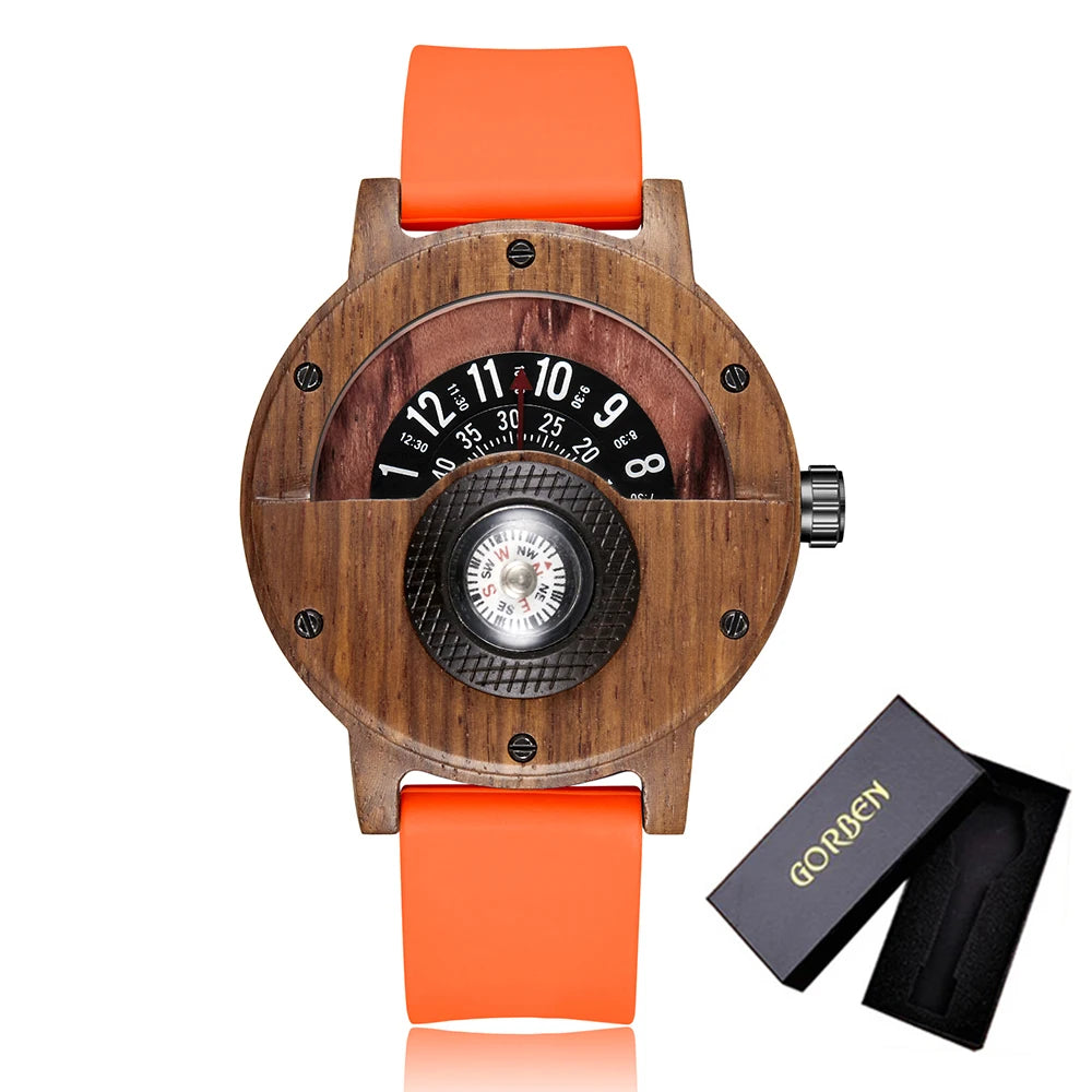 Natural wood watch men’s rotary table compass dial real walnut ebony bamboo brown concept quartz - w384-3 with box