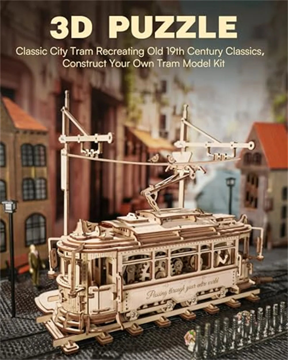 Robotime 3d wooden puzzle gear drive tram mechanical model building kit diy craft toy gifts classic city for children