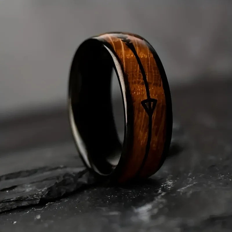 Fashion 8mm black stainless steel arrow rings for men hawaiian koa wood inlay wedding band jewelry wholesale - ring