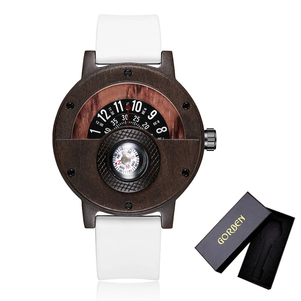 Natural wood watch men’s rotary table compass dial real walnut ebony bamboo brown concept quartz - w384-2 with box
