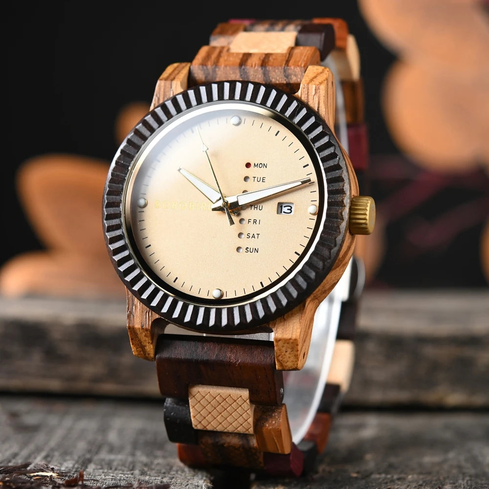 Men’s quartz watch simple fashion new couple wooden bobobird top brand timepieces week date display custom unique gift