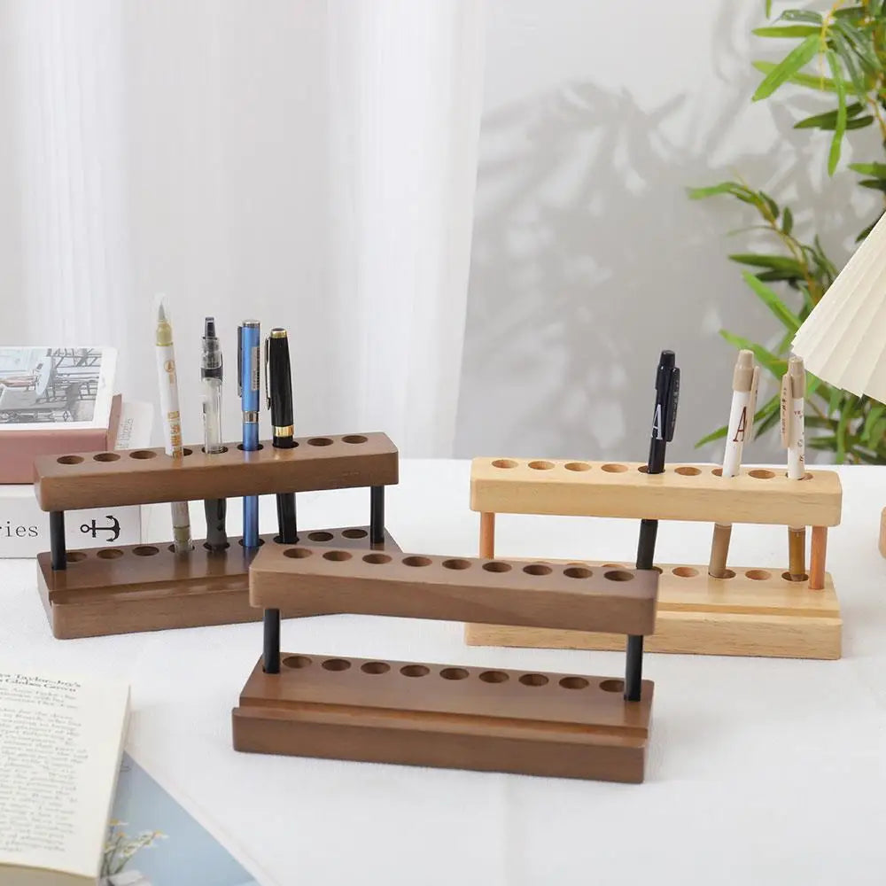 1pc walnut wood pen holder desk organizer phone stand storage retro wooden stationery - wooden
