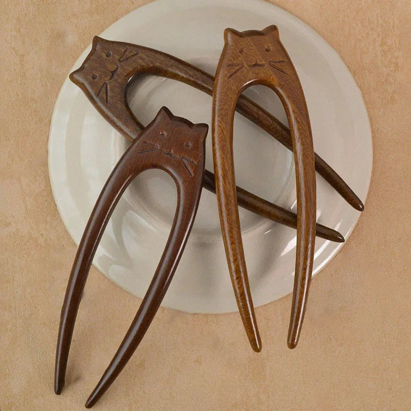 Chinese cat pattern hair sticks wooden u shaped forks for women girls hanfu hairpin headwear headpieces accessories