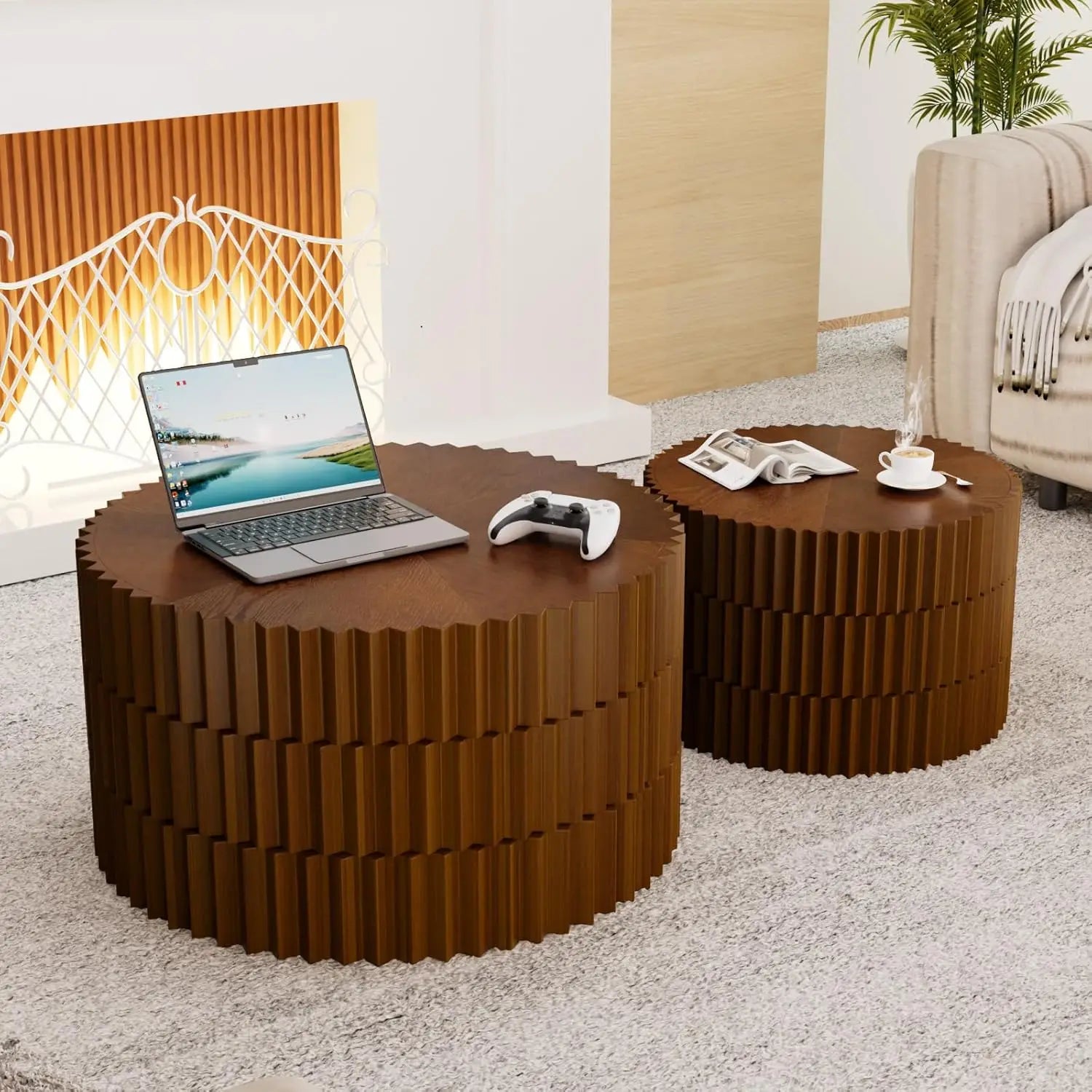 Handcraft round nesting coffee table - chic wave stripe edge modern stylish walnut wooden circle fluted center