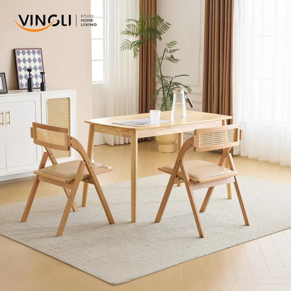 Wooden folding dining chairs set of 2 with rattan backrest and leather cushion armless beech wood frame for living room