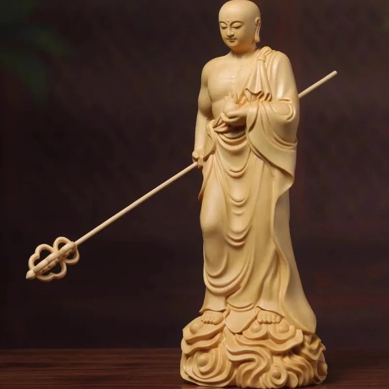 Hinoki wood hand carved ksitigarbha dizang bodhisattva standing statue figurine w/ staff jewel - spiritual ornament