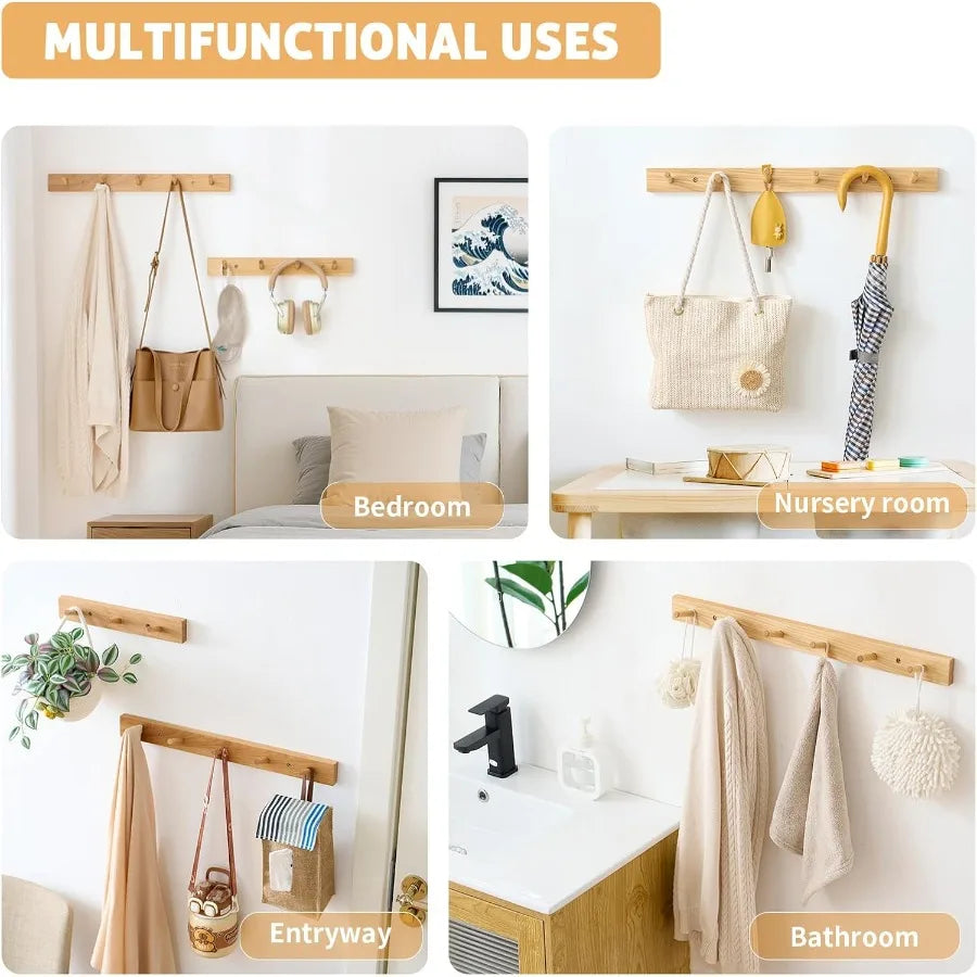 Wall mounted coat rack 12 ihes hickory wood hooks with 3 wooden hanger for hanging clothes robes towels ha - united