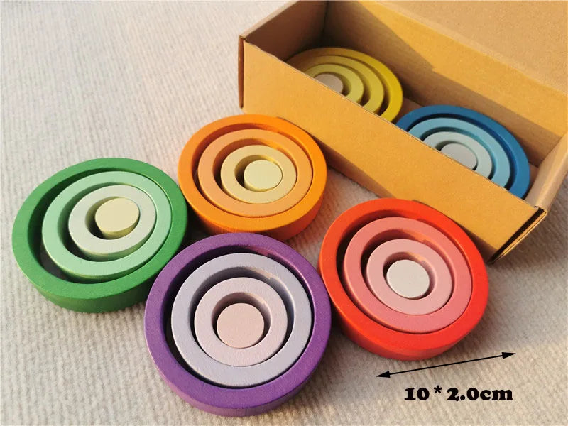 Kids rainbow wooden nest rings unpaint beech stacking blocks creative loose parts montessori toys - rainbow set 24