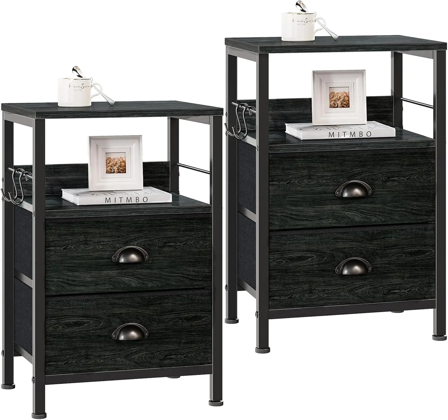 Nightstands set 2 end table with fabric drawers bedside hooks open wood shelf side sofa for bedroom - black oak