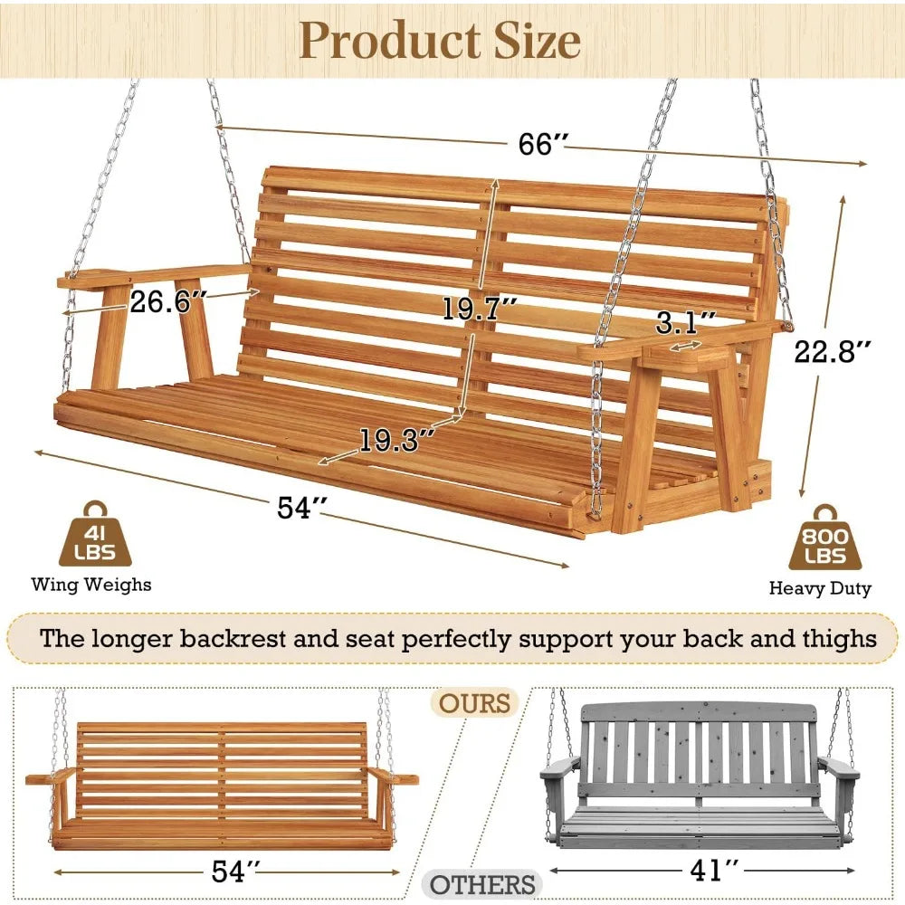 5.5ft wooden porch swing patio with cup holders & chains 880lbs weight capacity outdoor chair bench for courtyard