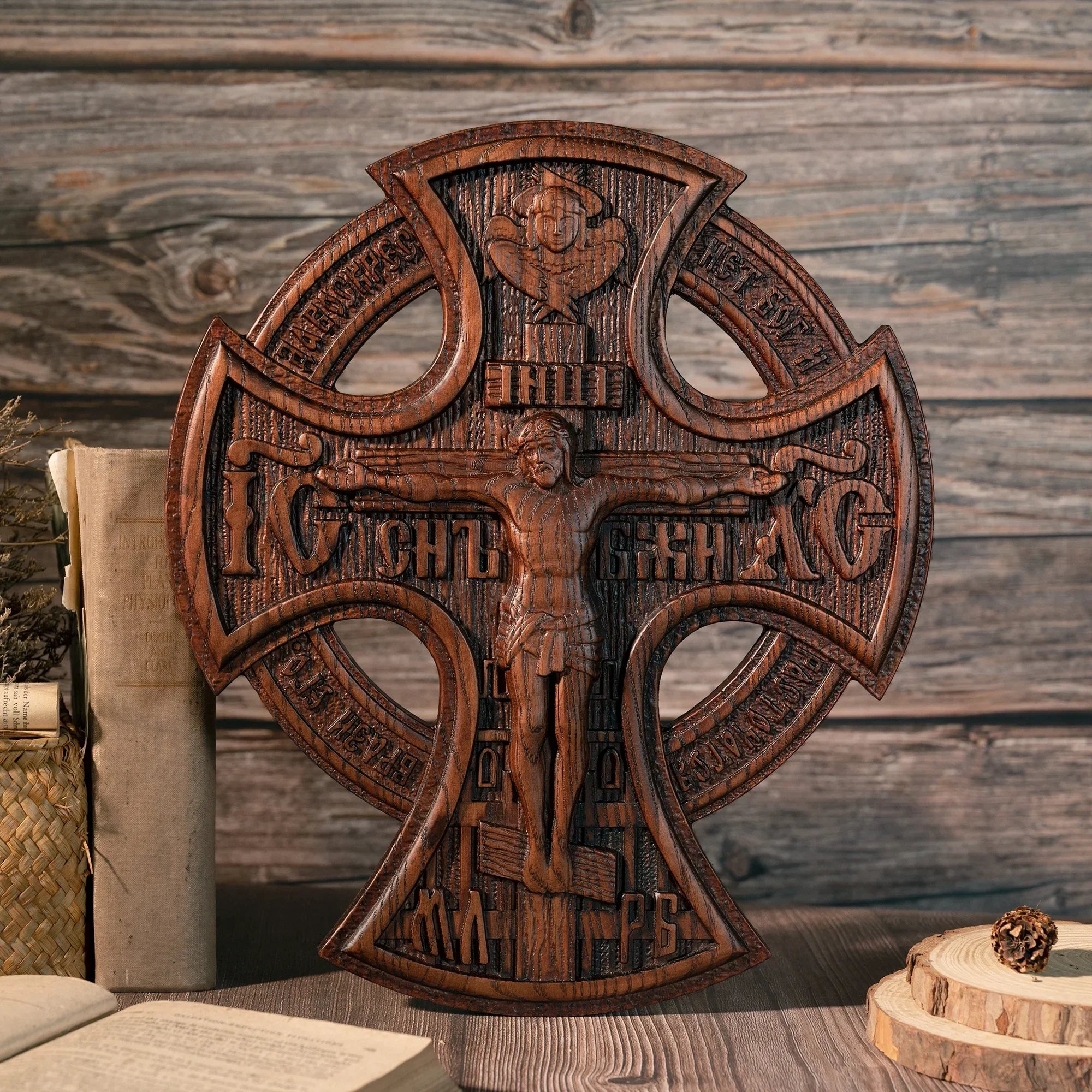 Wood cross home holy statues jesus christ crucified church icon religious statue - retro / 35x30x2.5cm - (christian)