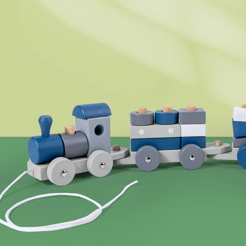 Wooden montessori stacking train set educational toys shape sorter building blocks trolley baby learning gifts