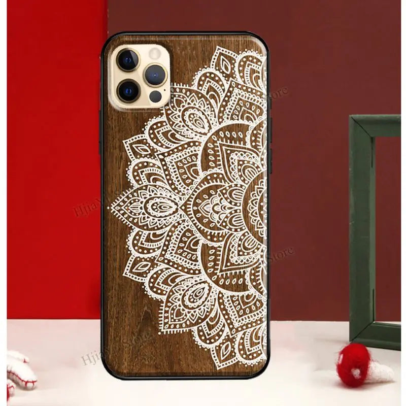 Mandala floral wood for iphone 13 12 pro max mini cover phone case 11 14 xs x xr 7 8 plus se - 774 / 14pro max