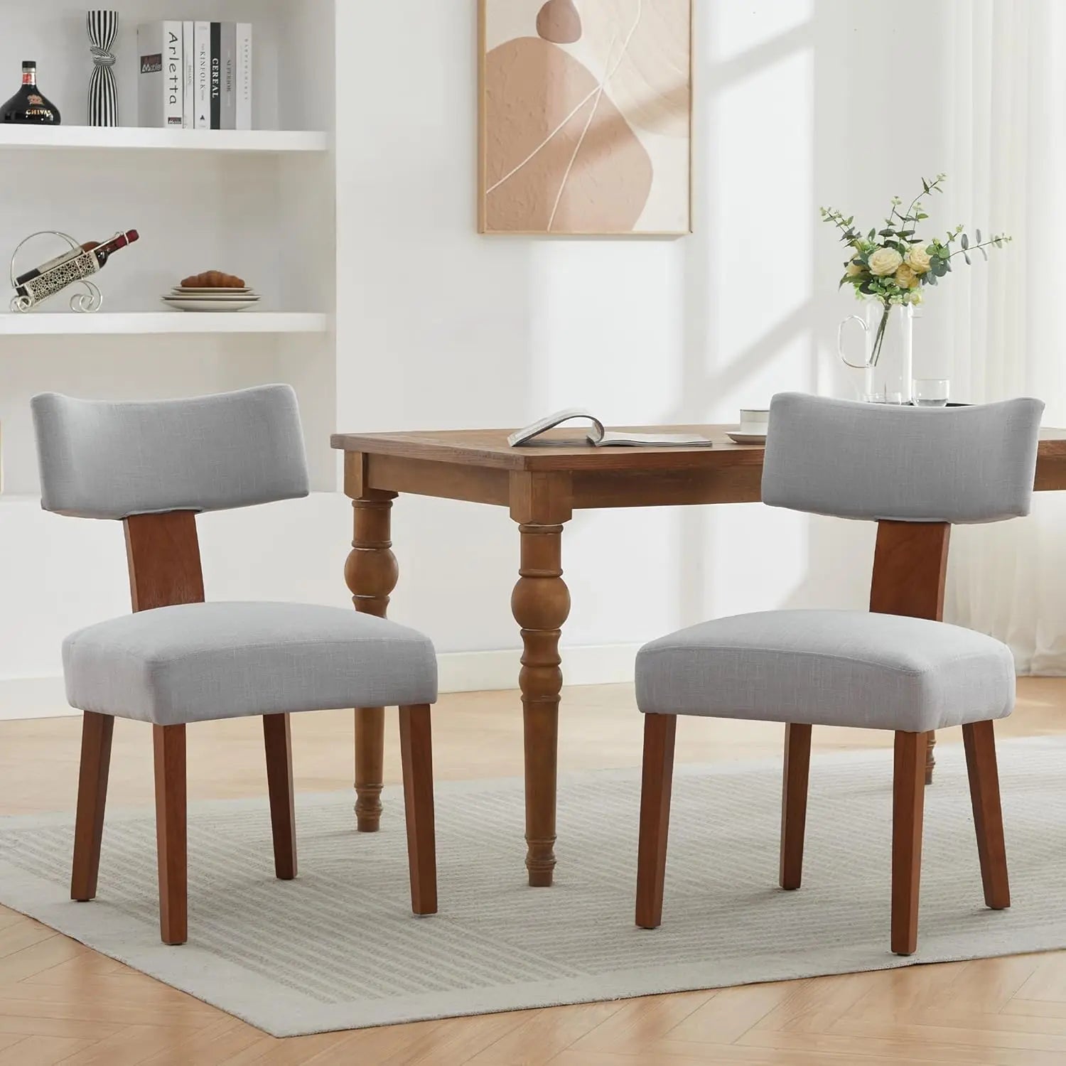 Wooden dining chairs set of 2,mid-century modern armless kitchen with curved backrest -hardwood frame farmhouse - gray