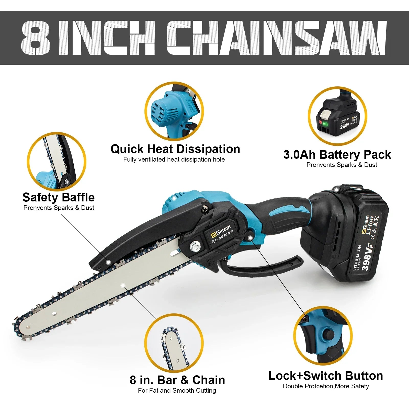 Gisam 8inch brushless electric saw cordless chainsaw handheld garden wood logging power tool for makita 18v battery pin