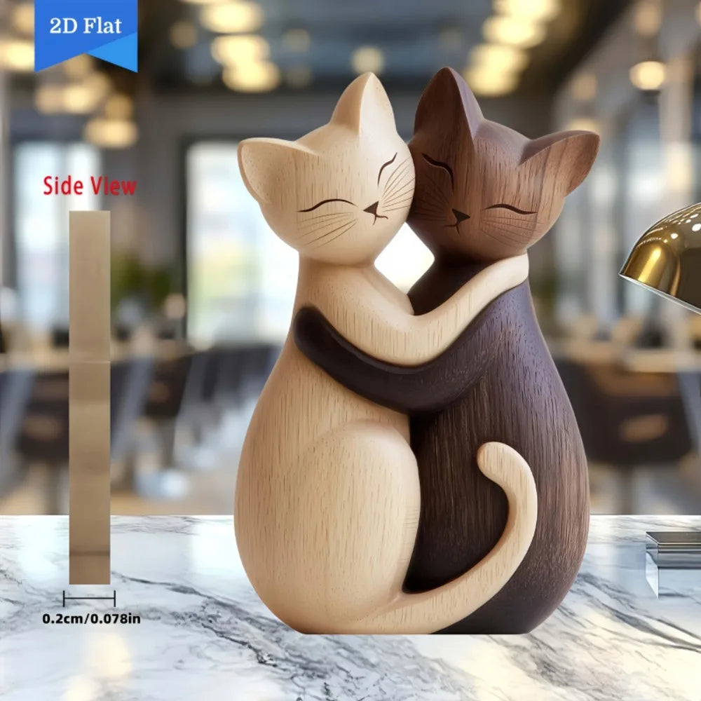 Wooden kitten dog couple sculpture 2d flat cat rabbit gift light dark wood grain desktop entrance home decor decorative