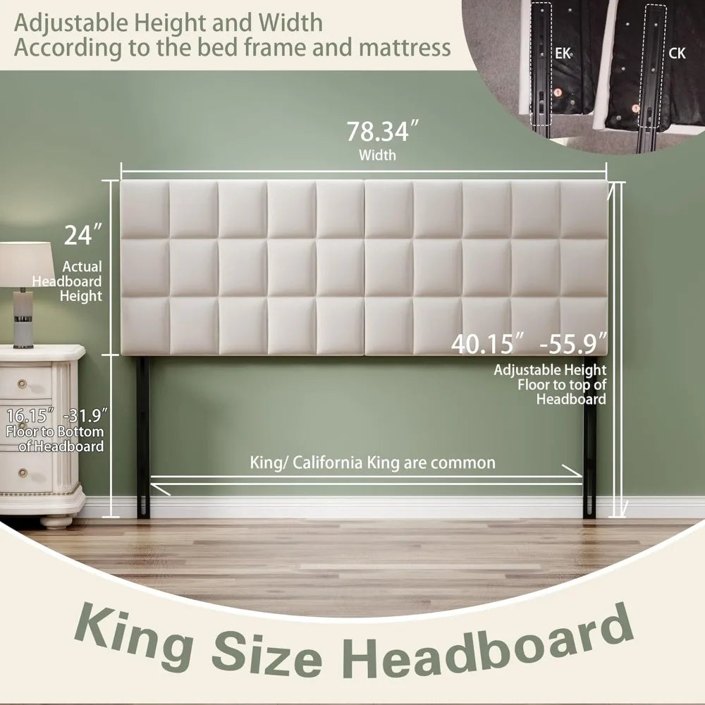 Velvet tufted king headboard with wood frame and metal legs adjustable height 42-56 inches - beige / united states