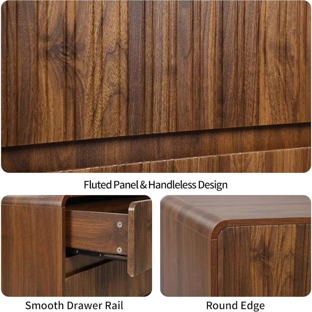 Flute 2 drawer dresser,mid century modern small nightstand with for bedroom wood side table curved profile - 15.8 d x