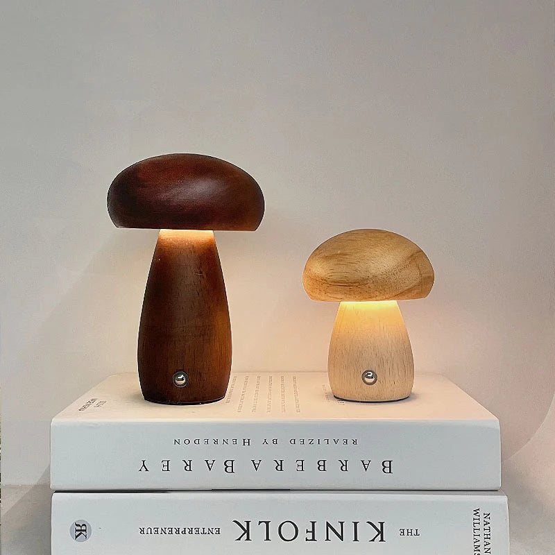 Wooden mushrooms night light touch switch bedroom bedside table lamp walnut beech wood warm dimmable desk usb chargeable