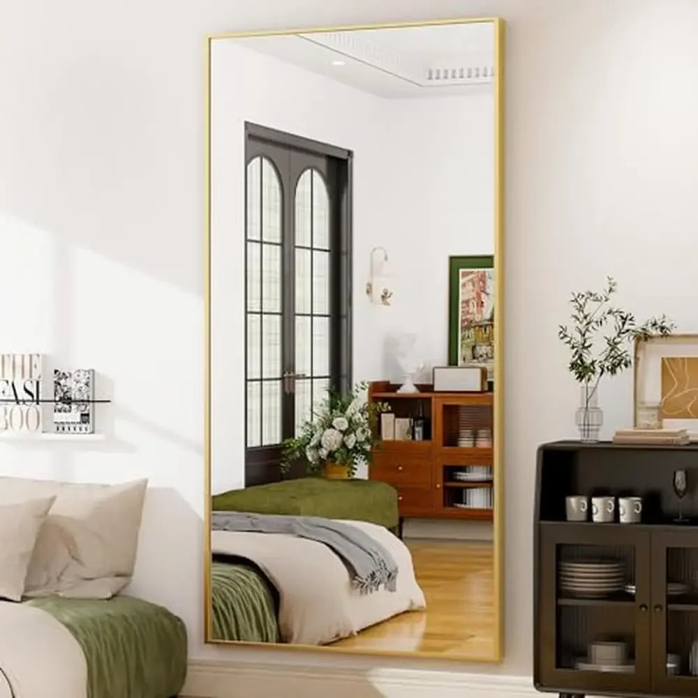 76’’x34’’ aluminum alloy thin frame full length mirror hanging/leaning rectangle floor bedroom dressing gold hd glass
