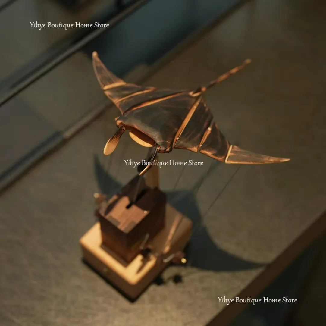 Hand-carved flying manta ray kinetic sculpture - unique wooden desktop ornament for home/office decoration & gifting