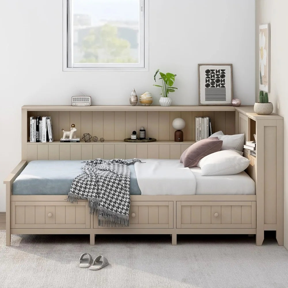 Twin daybed with bookcase headboard and storage drawers - wooden platform bed frame shelves - antique white milk