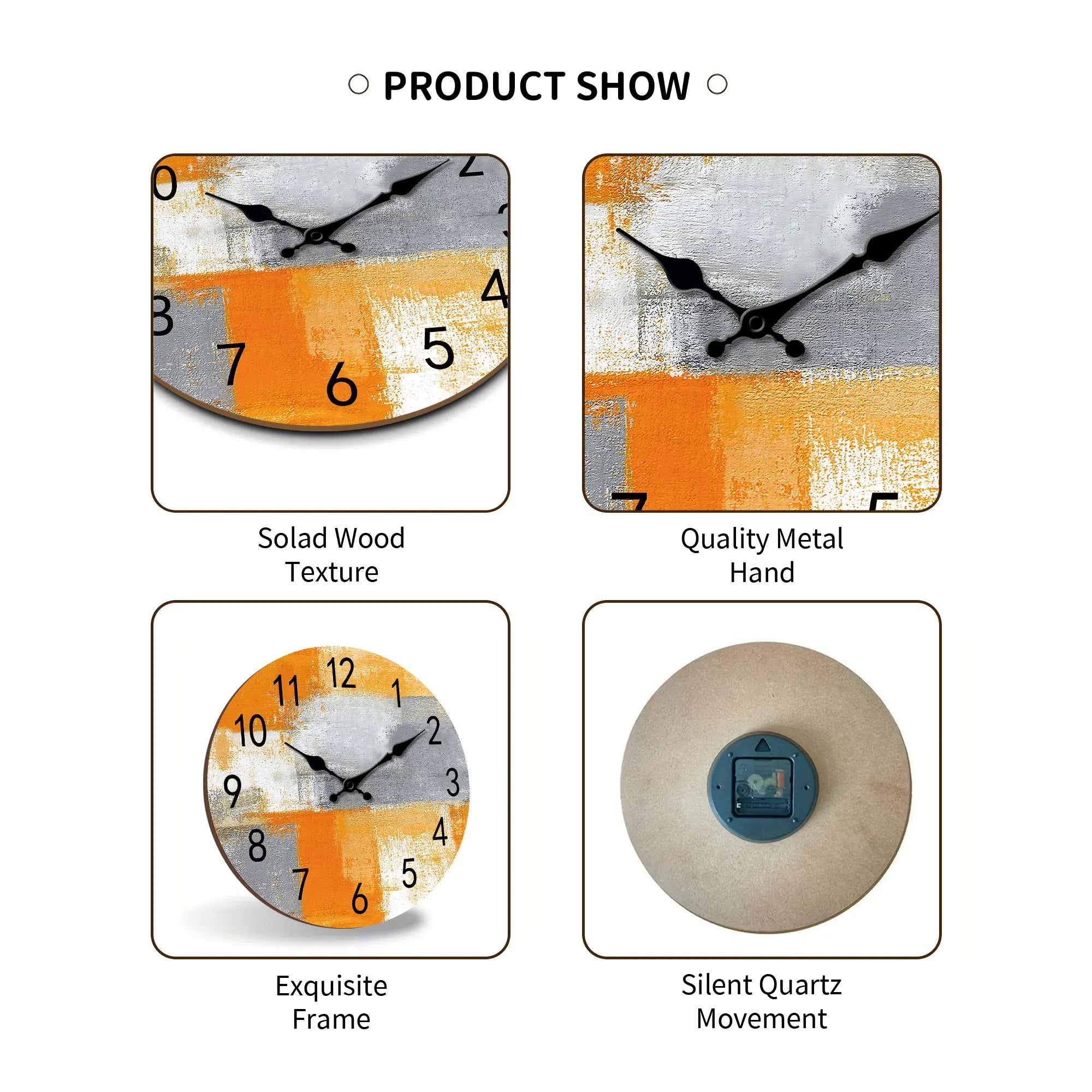 Abstract orange gray oil painting wall clock silent non-ticking wooden suitable for living room bedroom dec